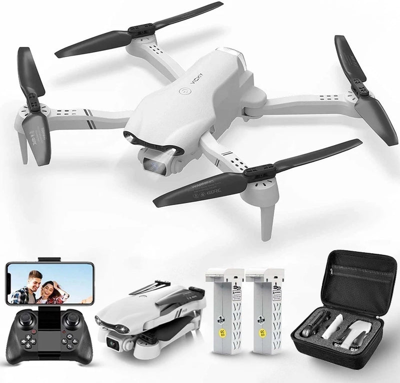 White quadcopter FPV drone with front camera and four propellers, with controller and case