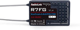 Radiolink R7FG RC gyro receiver with label, ports, and voltage telemetry text on black housing