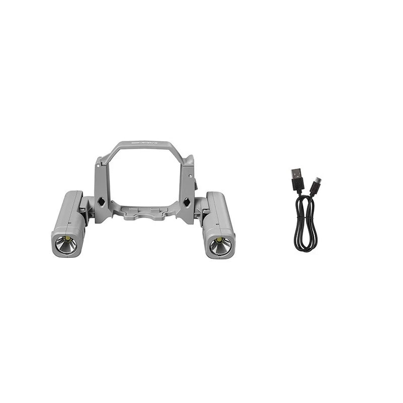 Grey rechargeable drone searchlight bracket with two front lights and power cable