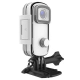SJCAM C100 mini action camera in clear waterproof case with white body and black mount
