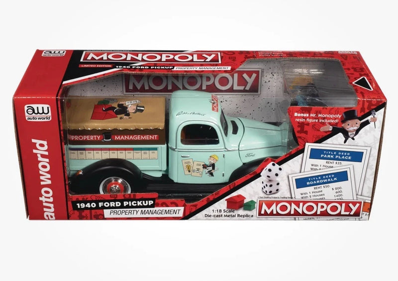 Auto World 1940 Ford Pickup Light Green & Mr Monopoly Figure 1/18 Model New