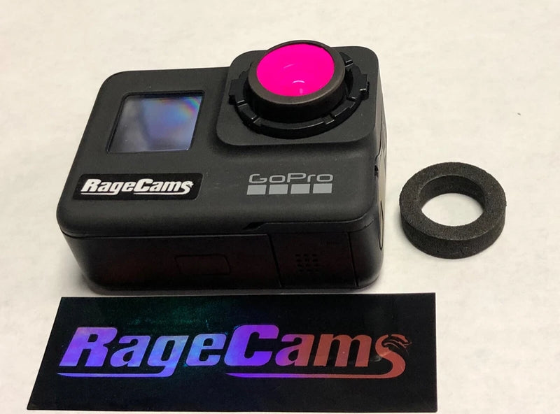 GoPro action camera with lens mount and RageCams branding, shown with IR filter ring