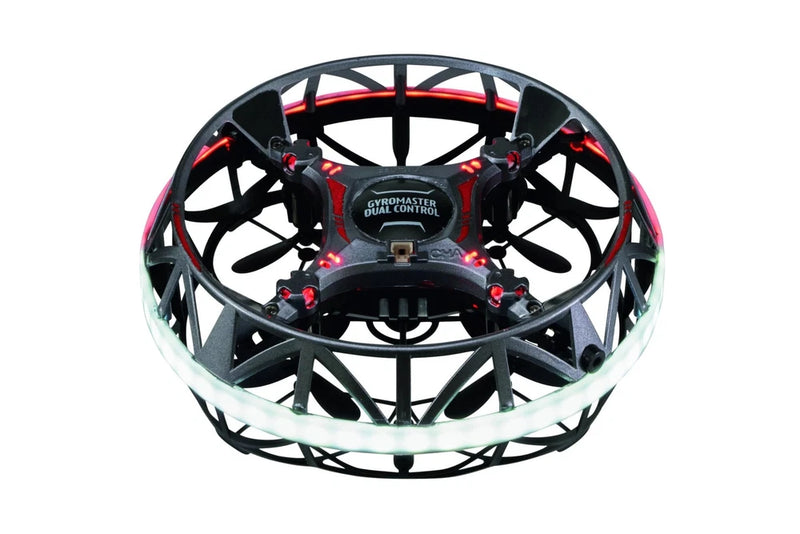 Black drone with circular ring frame, four propellers, and red accents