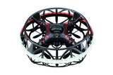 Black drone with circular ring frame, four propellers, and red accents