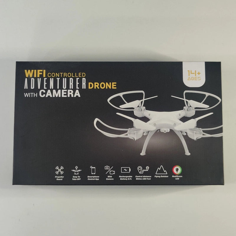 White quadcopter drone with camera on black retail box packaging