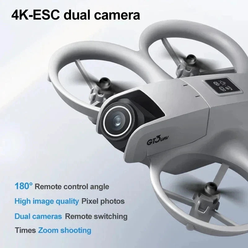 Gray quadcopter drone with dual HD camera pods and front lens