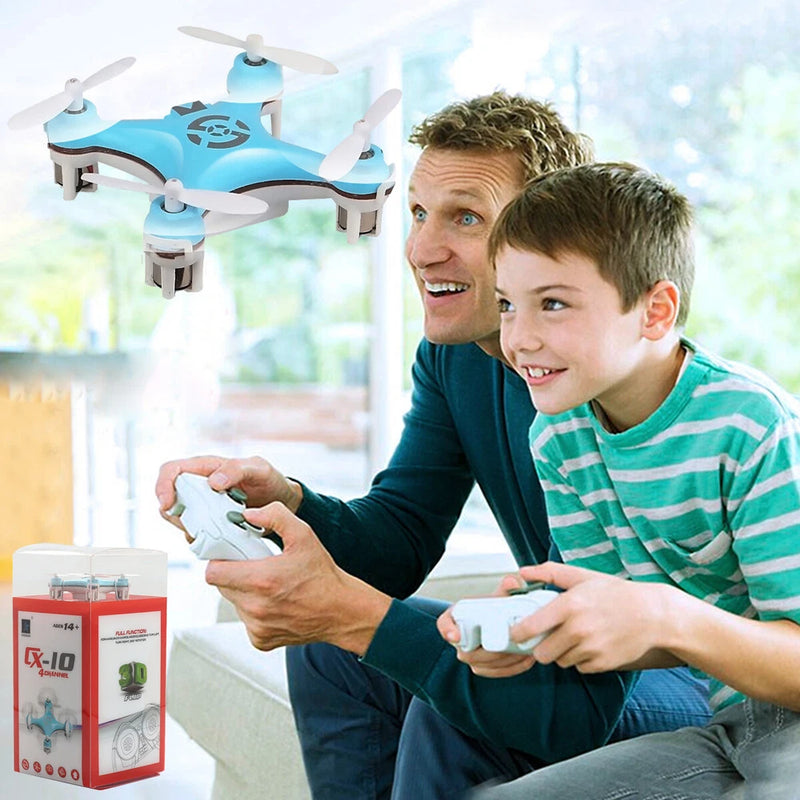 Blue mini RC quadcopter drone with LED lights and handheld remote controller