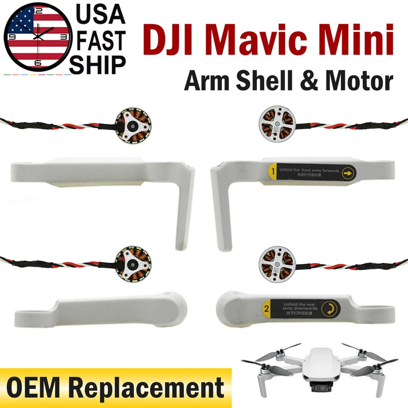 White drone arm shell replacement parts with motors and red/black wiring, left and right