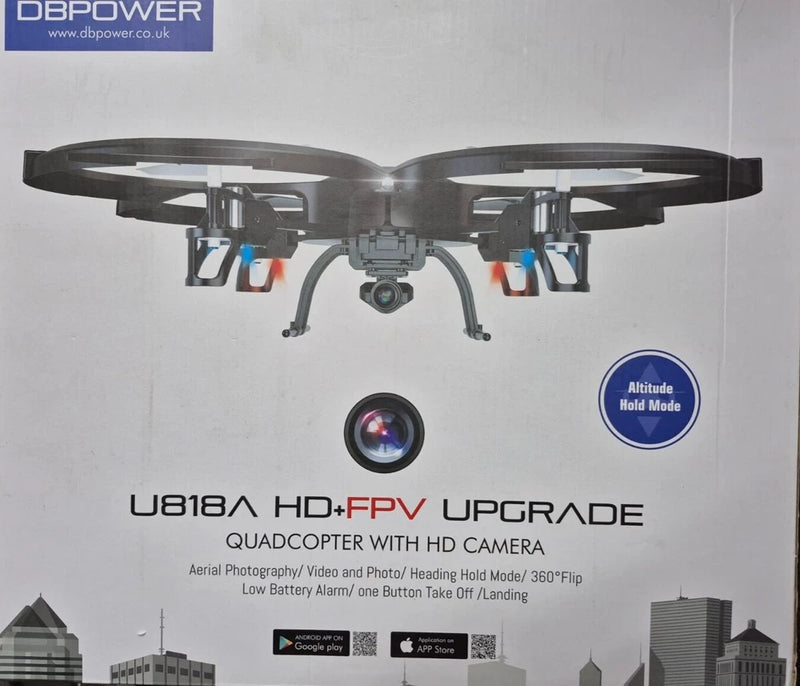 FPV quadcopter drone with HD camera, four rotors, and landing gear