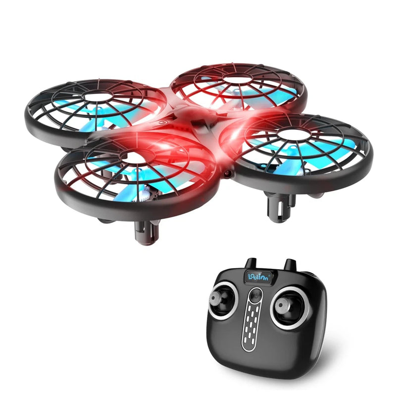 Blue mini quadcopter drone with red and blue LED lights and handheld controller