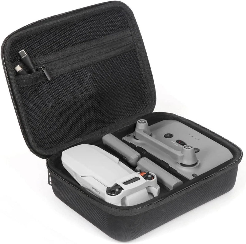 Hard-shell carrying case with mesh interior for drone and controller, black