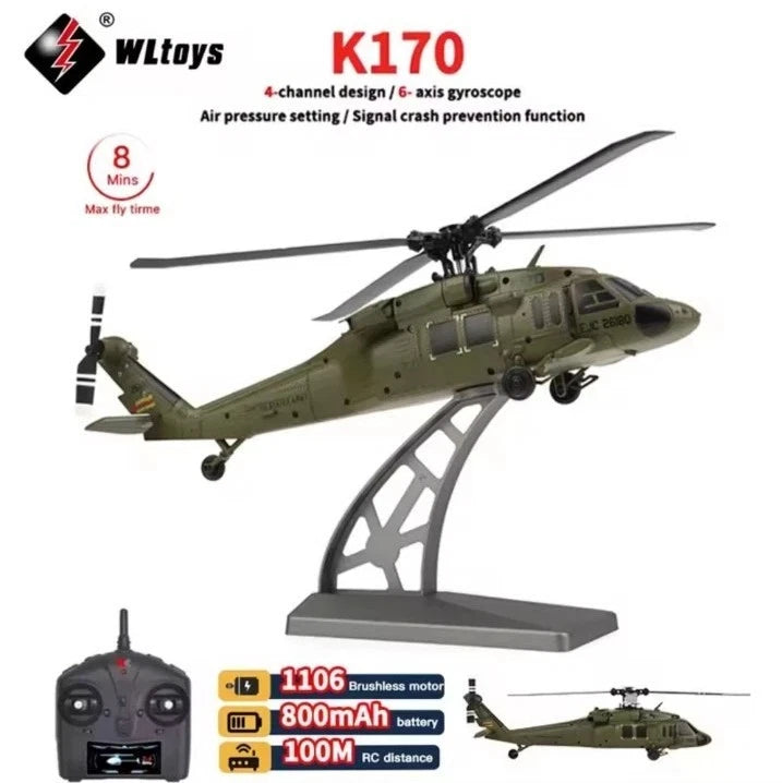 WLtoys K170 4CH 2.4G Black Hawk MILITARY RC Helicopter Brushless Motor 6-Axis G