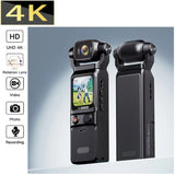 Black mini WiFi action camera with front lens and rear screen, handheld gimbal-style