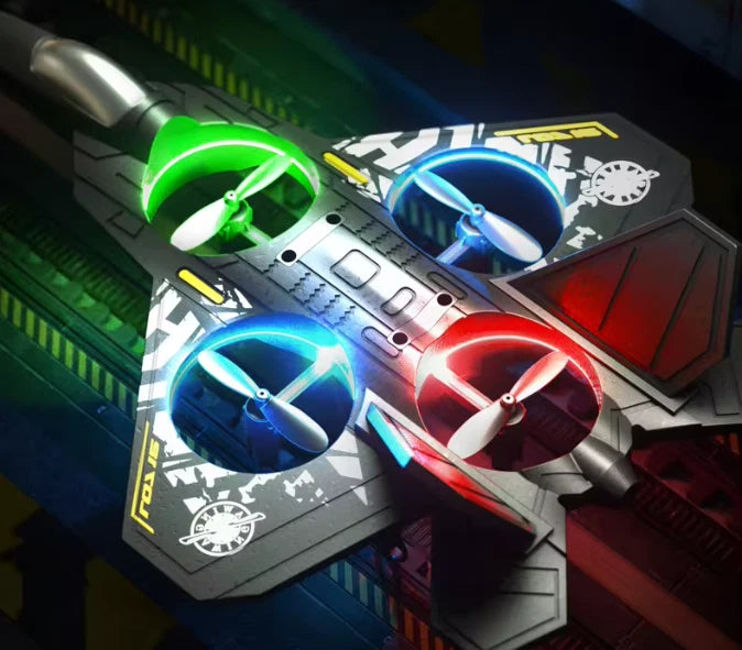 Remote control stunt plane drone with blue and red propellers and green light accents