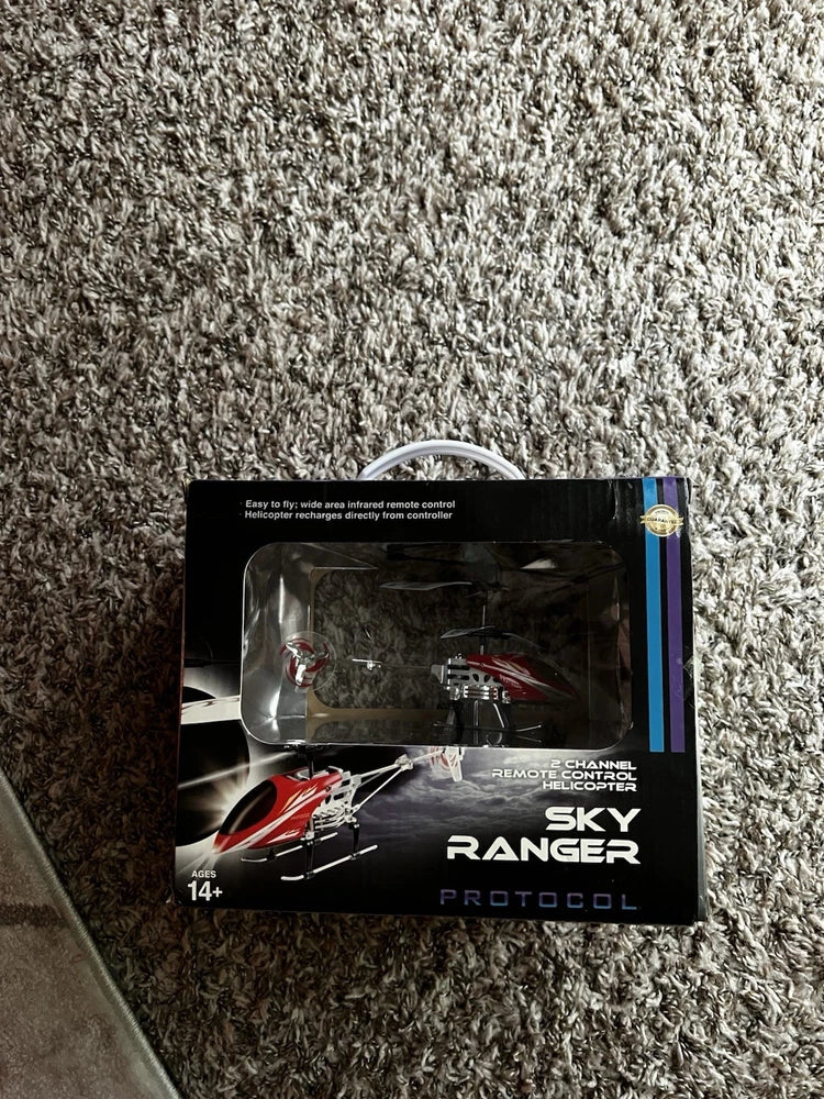 2-channel remote control helicopter box with clear window and Sky Ranger Protocol text