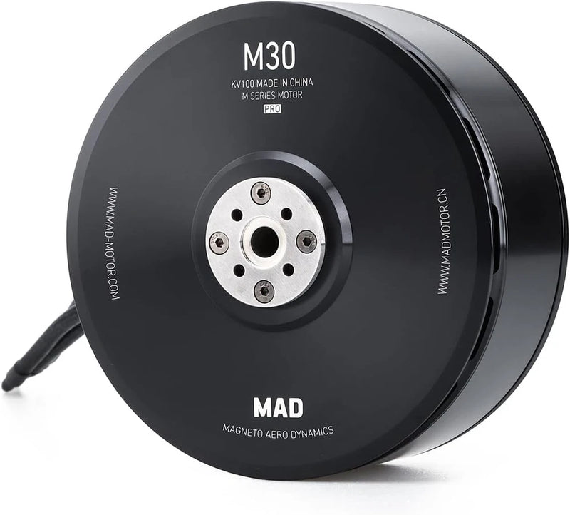 MAD M30 brushless drone motor, black circular body with mounting plate and wire