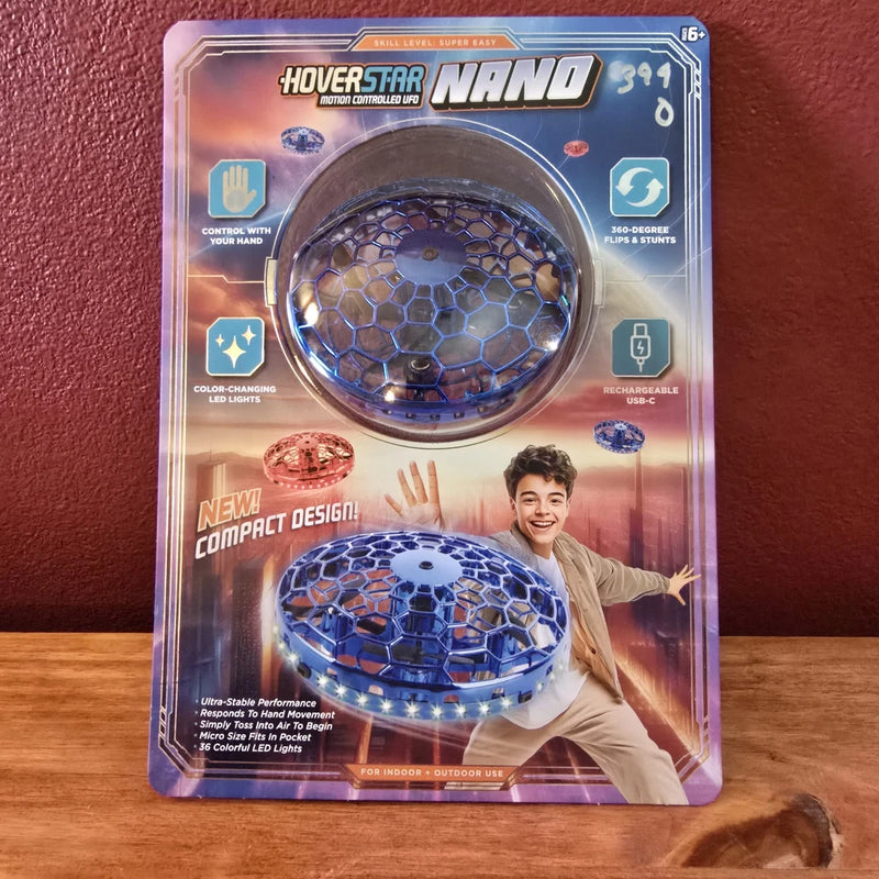 Hoverstar Nano UFO drone retail box with blue LED hex-pattern dome