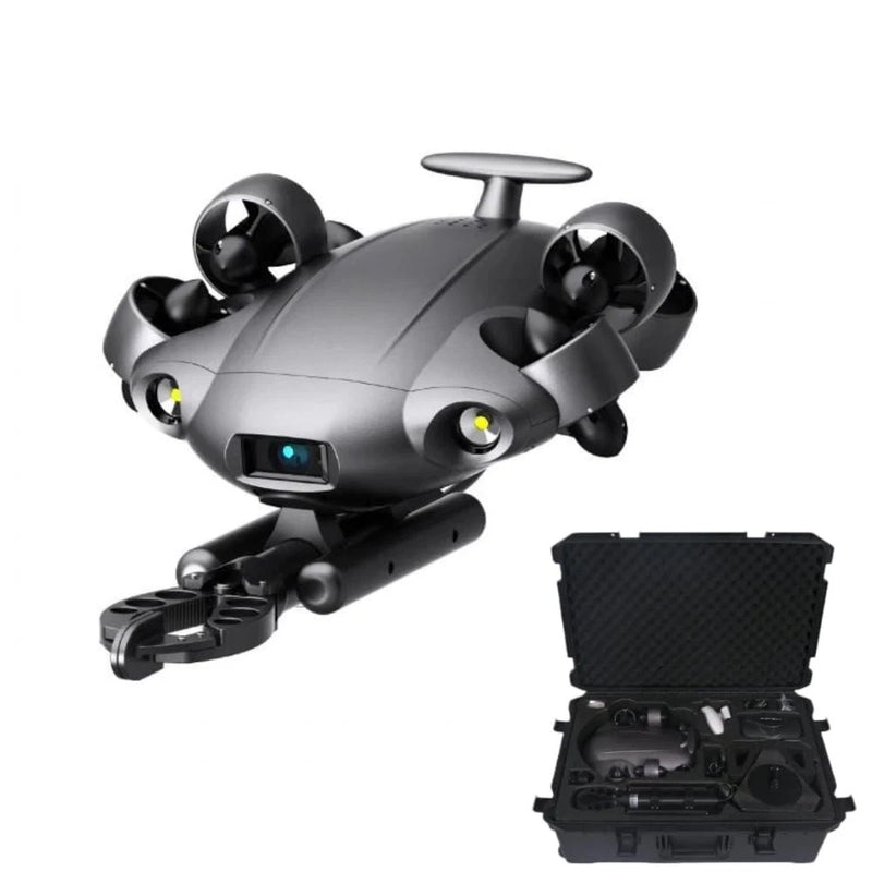 Gray underwater camera drone with robotic arm, four thrusters, LED lights, with open case