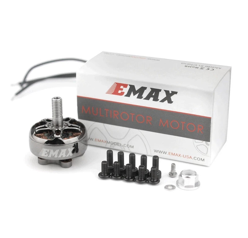 EMAX brushless RC drone motor set with mounting hardware and box