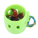 Lime green underwater RC propulsion motor with propeller and colored wire leads