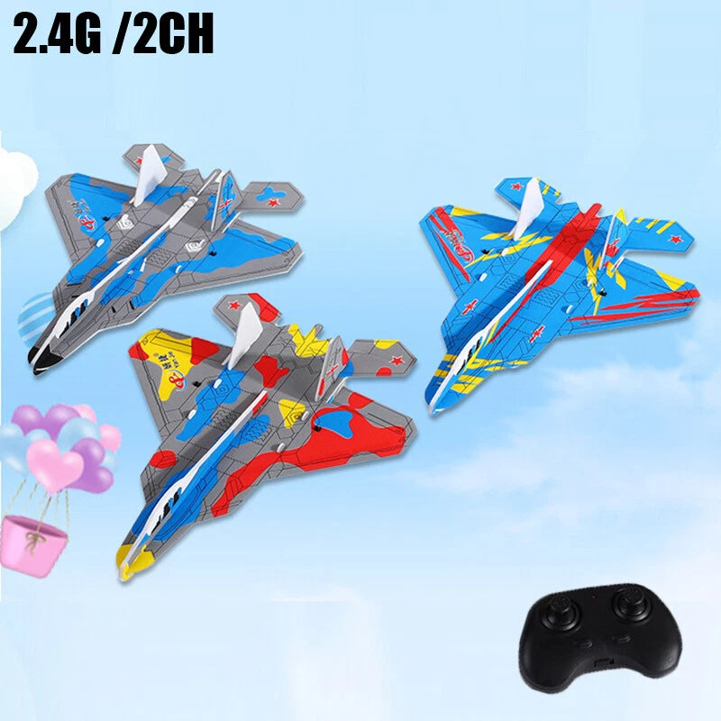 RC airplane glider toy with blue red yellow wings, plus black handheld controller
