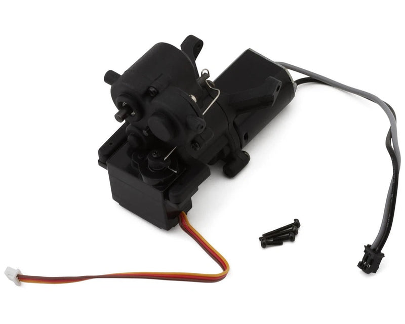 RC transmission assembly with motor and switch servo, black housing, wired connectors