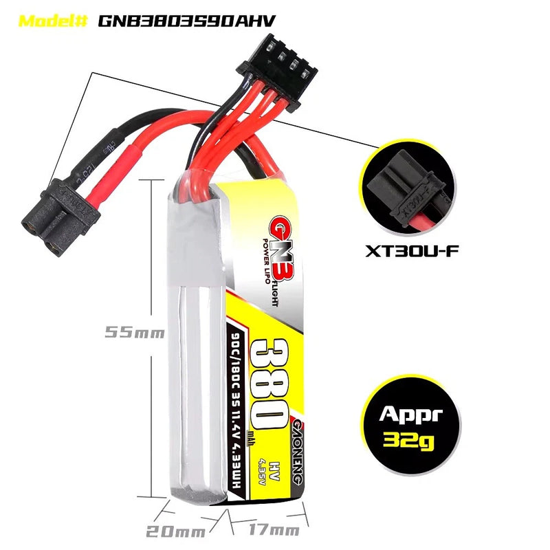 Lipo Battery LiHV 3S HV 11.4V 380mAh 90/180C GNB XT30 Drone FPV -AU Stock