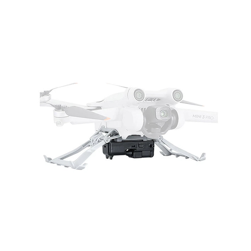 Plastic drone dropper accessory attached to Mini 3 Pro drone, black underside module