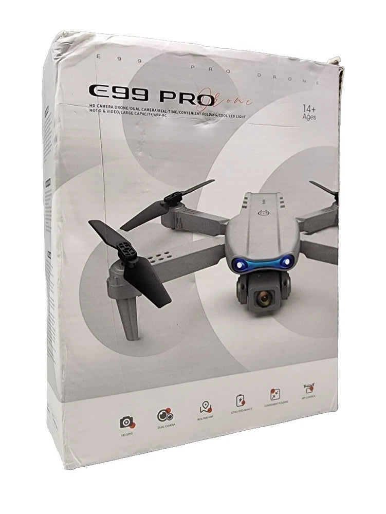 E99 Pro dual-camera drone box with drone and controller graphics