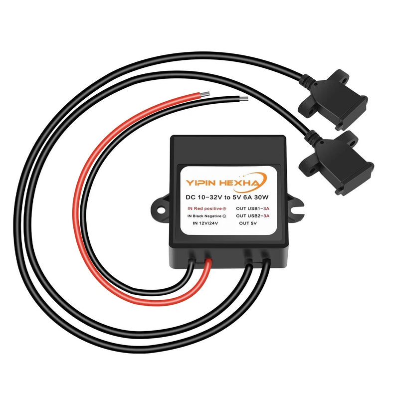 Dual USB DC buck converter module, 12–30V to 5V, with black/red leads