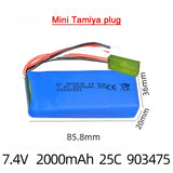 7.4V 2000mAh LiPo RC battery with mini Tamiya plug, blue pack and wire leads