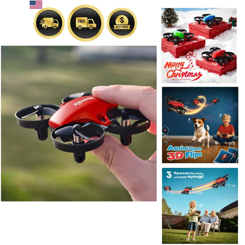 Red mini quadcopter drone with four propellers, handheld view