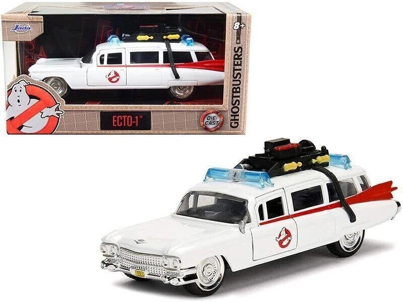 1:32 die-cast Ecto-1 model car, white body with black roof unit, blue lights and red logo