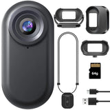 Mini body camera with visible lens, magnetic lanyard holder, USB cable, and 64GB card