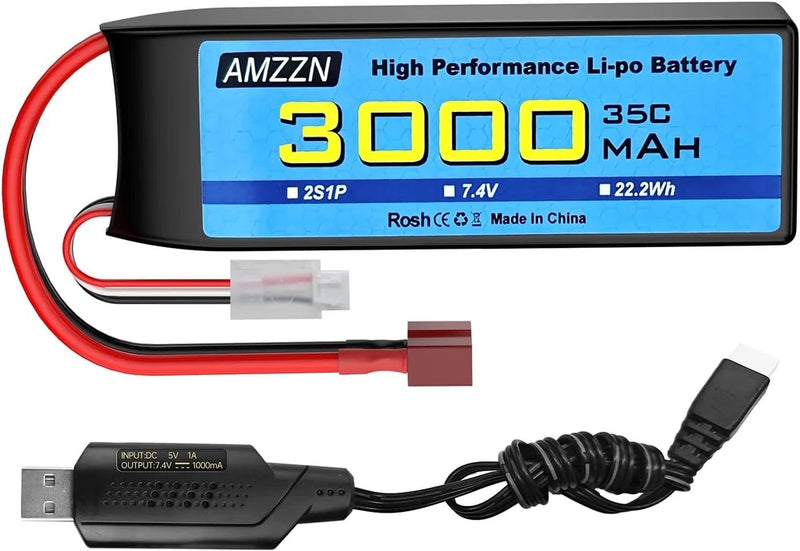 7.4V 3000mAh 35C 2S T Plug Lipo Battery with USB Charging Cable for RC Car