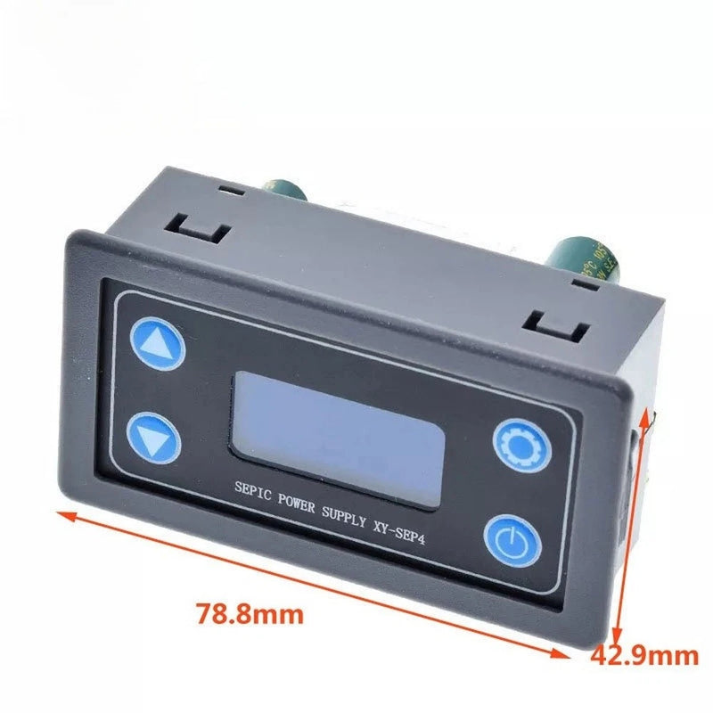 DC-DC step up/down converter module with LCD, buttons, and 78.8mm x 42.9mm size