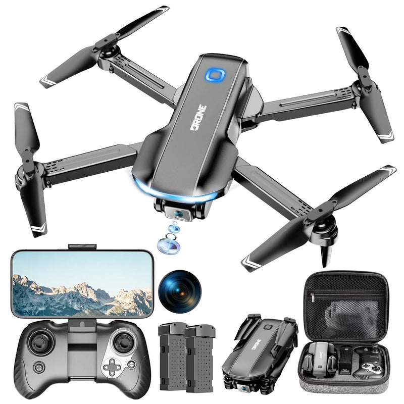 Foldable gray quadcopter drone with built-in camera, propellers, and remote controller