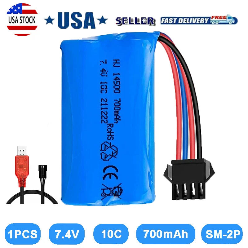 7.4V 700mAh for RC Car Boat Truck w/ USB Charger Li-ion Battery SM-4P Plug