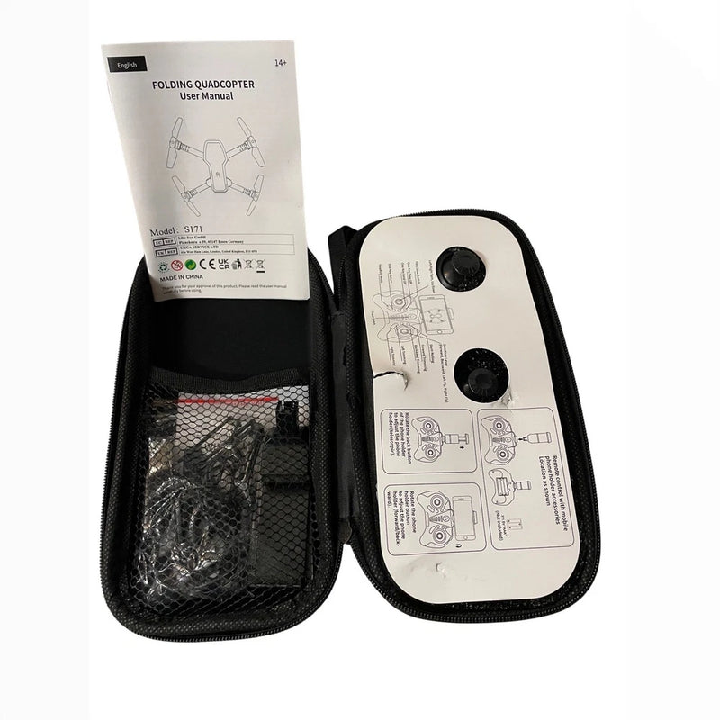 Folding quadcopter drone carrying case with user manual and folded drone parts