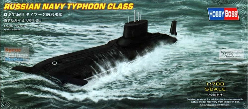 Hobby Boss Typhoon-class submarine model, dark gray with raised periscope and torpedo hatches
