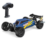 Blue and yellow 1/12 4WD remote control off-road car model with handheld controller