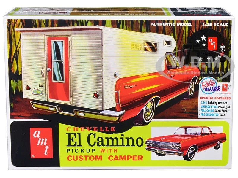 1:25 scale model car kit box with red El Camino pickup and attached camper
