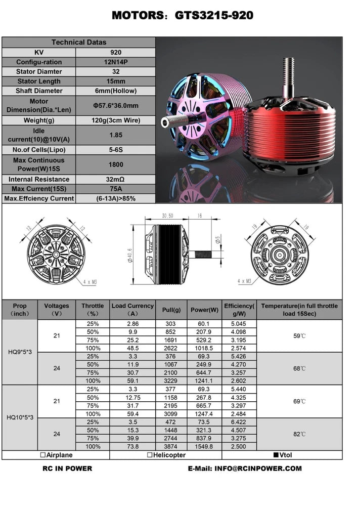 FPV drone motor set with technical specification table and labeled GTS3215-920