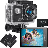 Jadfezy action camera in clear waterproof case with LCD screen and 32GB memory card