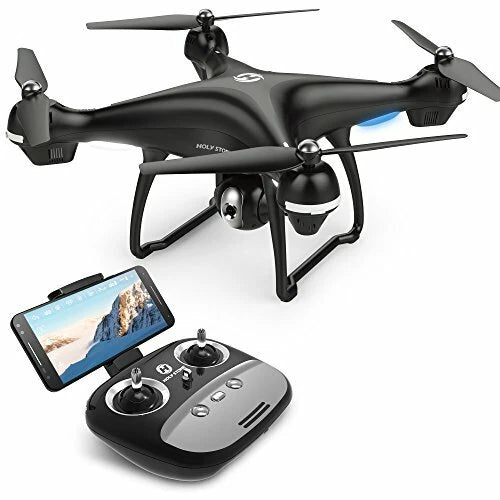 Black GPS drone with camera and folding controller, smartphone screen view