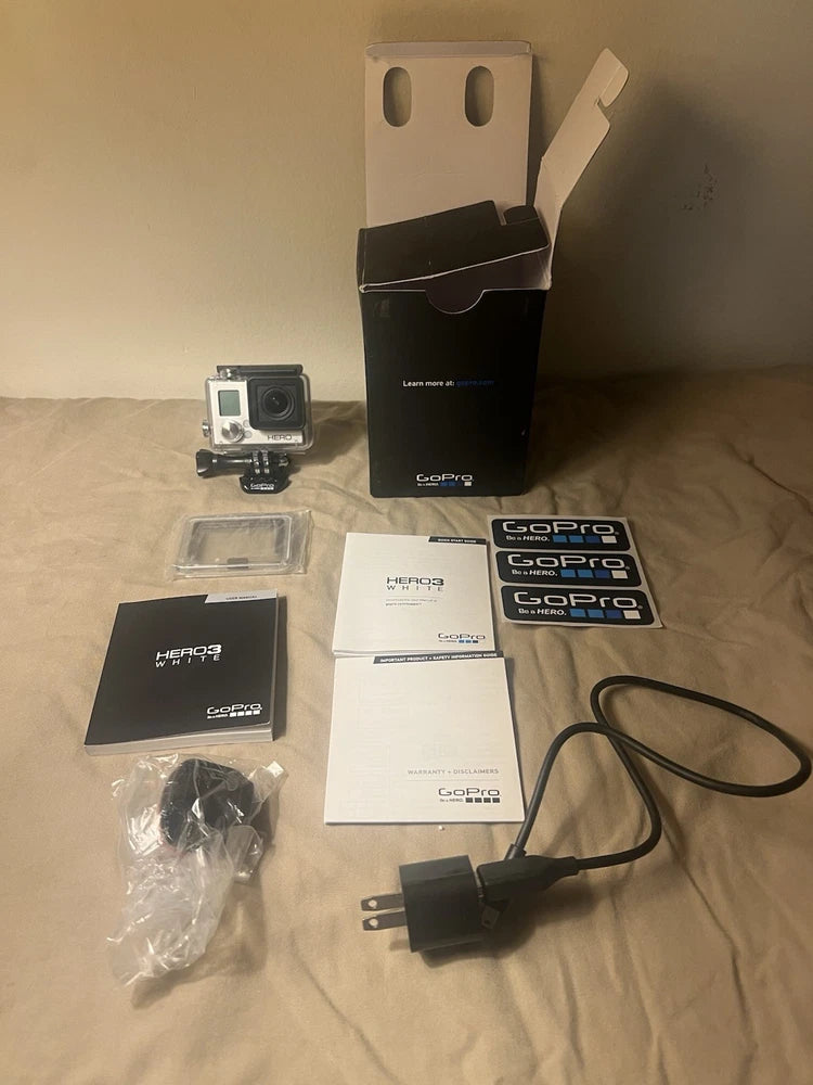 GoPro HERO3 white action camera kit with case, mounts, USB cable, manuals and quick guide