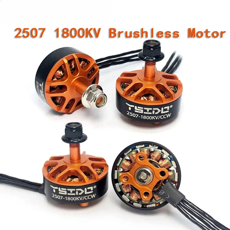 Orange brushless RC motor with propeller shaft, wires, and exposed stator, 2507 1800KV