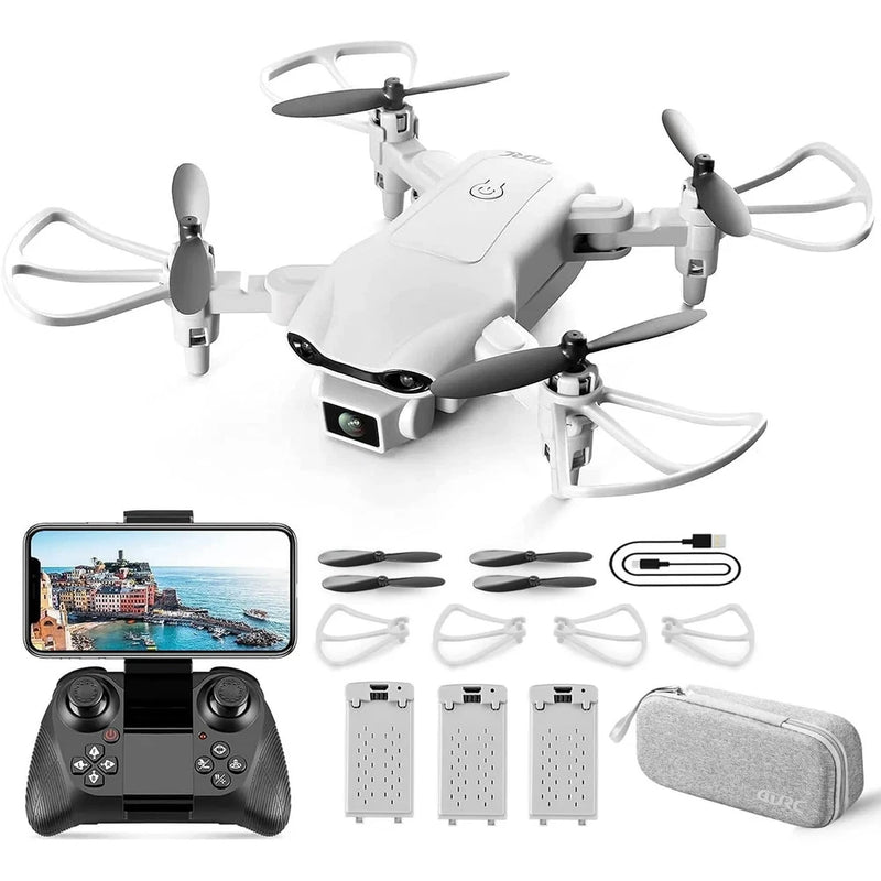 Light gray mini drone with 1080P HD camera, four propellers and remote controller