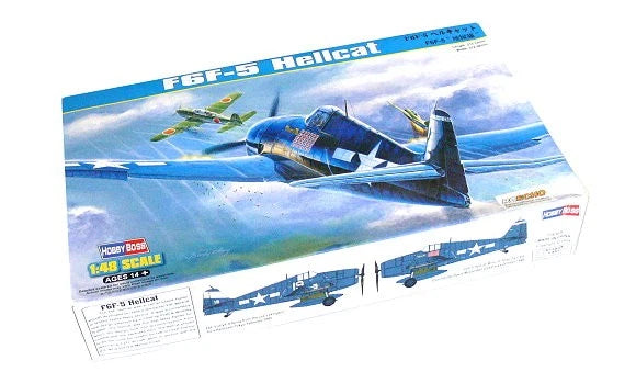 HOBBYBOSS 1/48 F6F-5 Hellcat aircraft model kit with box art and parts guide