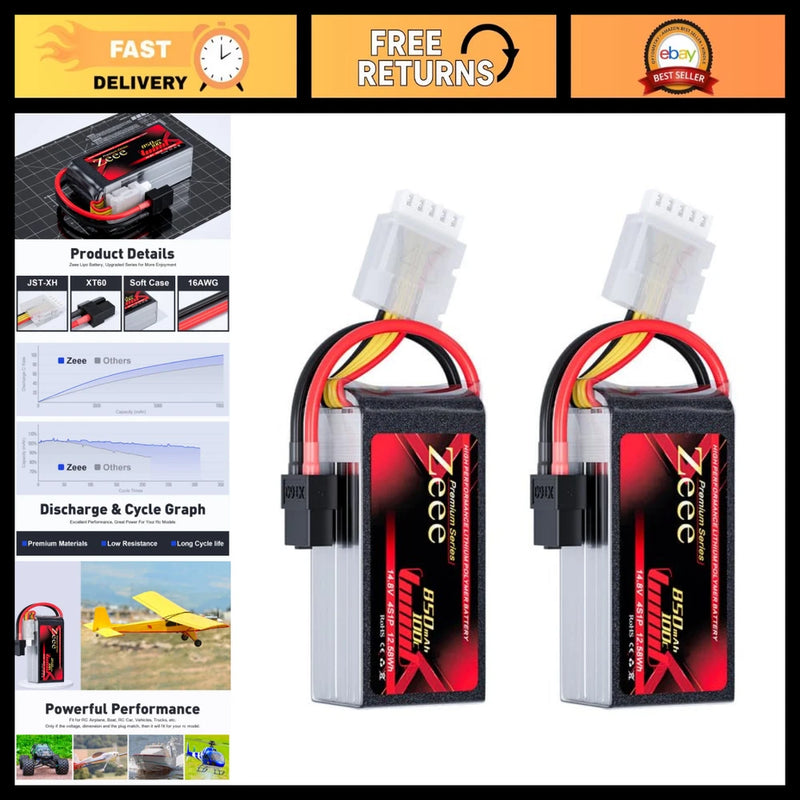 4S Lipo Battery 850mAh 14.8V 100C for Racing Drone Quadcopter RC Models - 2 Pack Battery